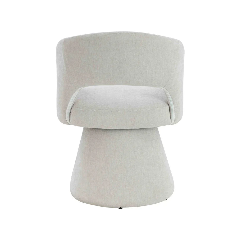 Light grey accent chair with curved backrest and minimalist fabric upholstery, front view