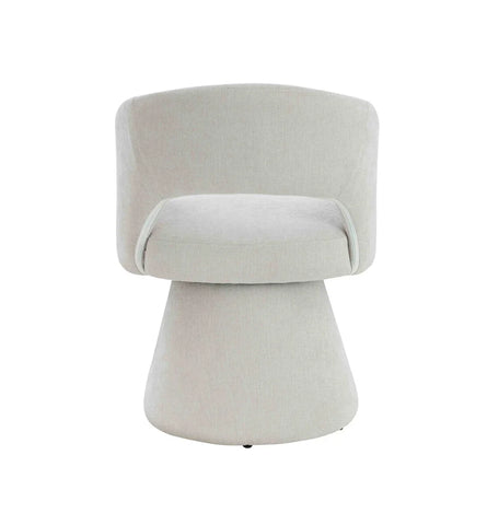 Light grey accent chair with curved backrest and minimalist fabric upholstery, front view