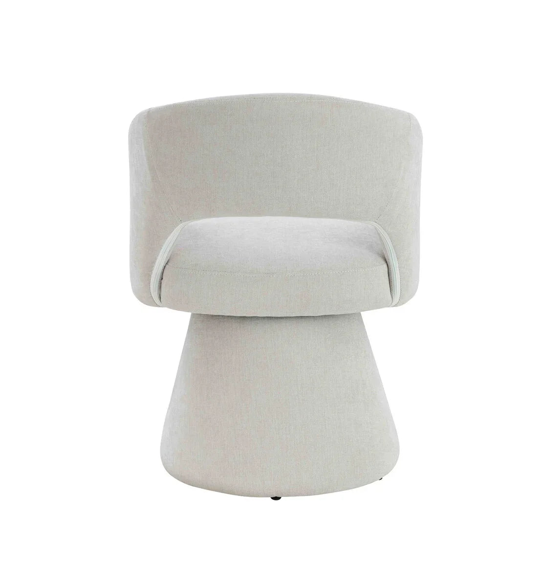 Light grey accent chair with curved backrest and minimalist fabric upholstery, front view