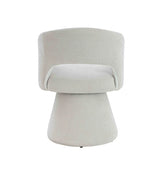 Light grey accent chair with curved backrest and minimalist fabric upholstery, front view