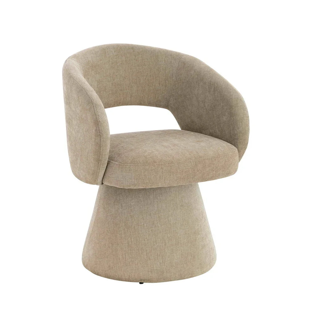 Beige fabric accent chair with curved back and round base, upholstery visible in detail