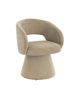 Beige fabric accent chair with curved back and round base, upholstery visible in detail