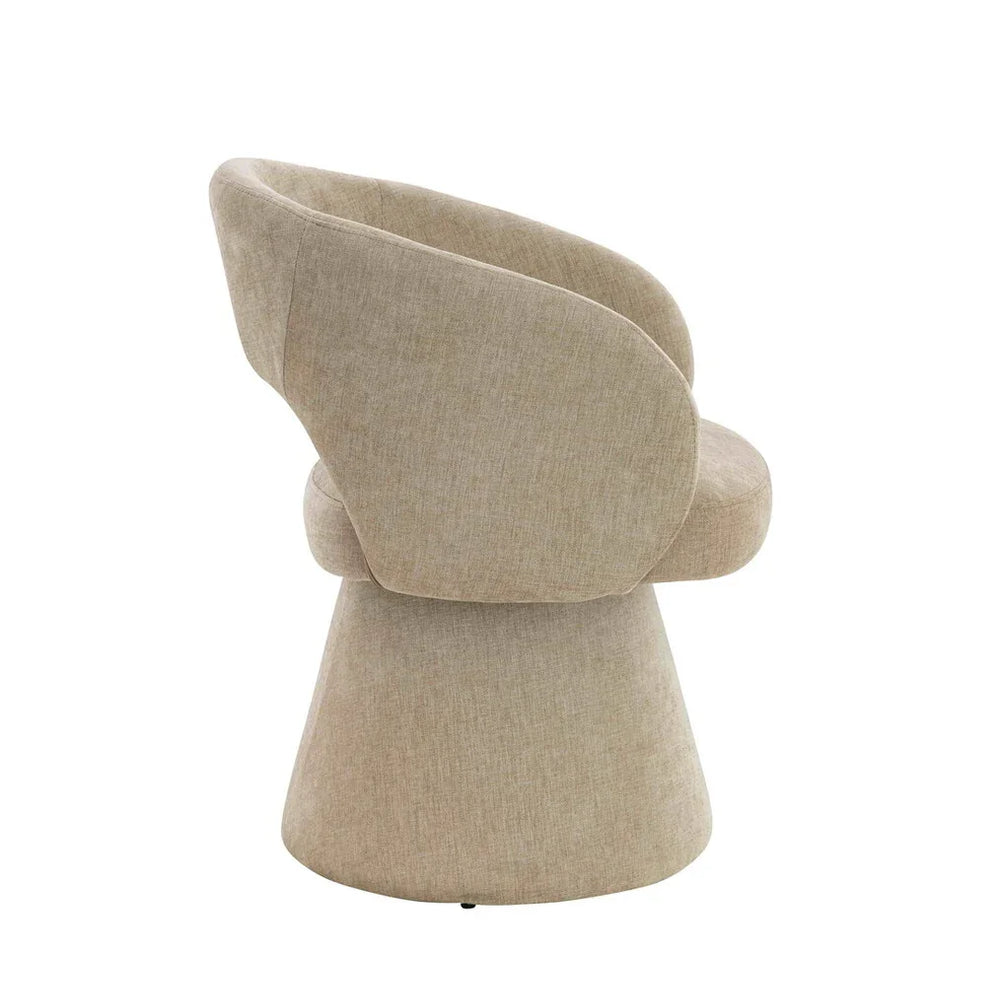 Beige swivel armchair with curved backrest and fabric upholstery, side profile view