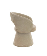 Beige swivel armchair with curved backrest and fabric upholstery, side profile view