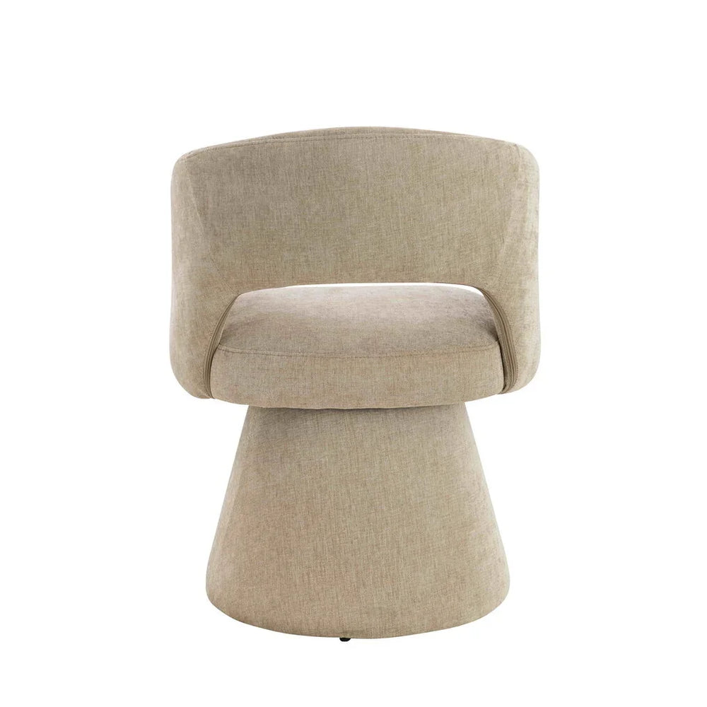 Beige fabric accent chair with curved backrest and wide cushioned seat, front view