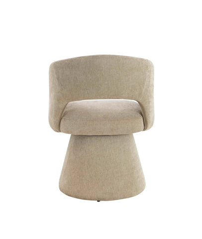 Beige fabric accent chair with curved backrest and wide cushioned seat, front view