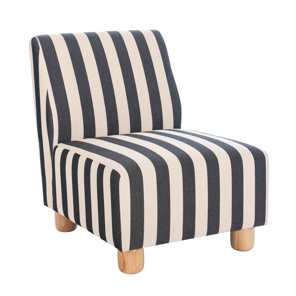Armless chair featuring a bold black and white striped upholstery, complemented by natural wooden feet.