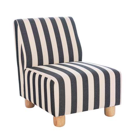 Armless chair featuring a bold black and white striped upholstery, complemented by natural wooden feet.