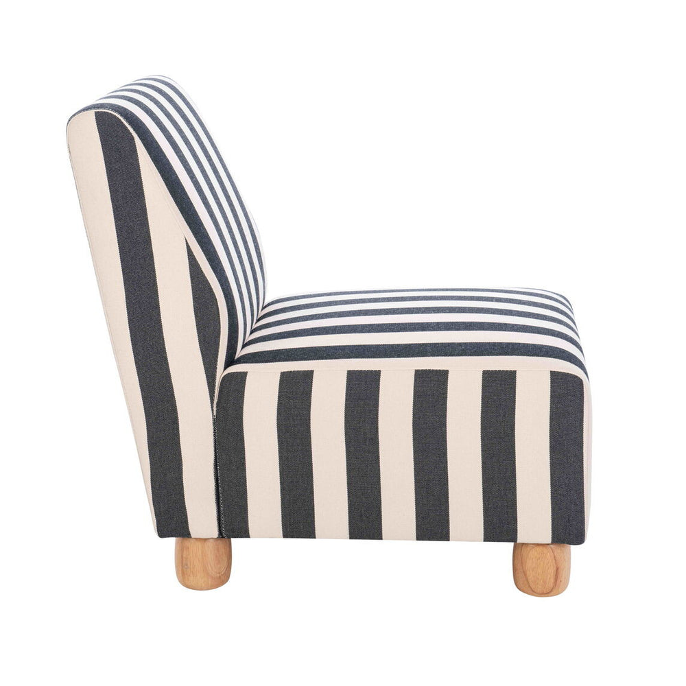 Armless chair featuring a bold black and white striped fabric upholstery, complemented by light wooden feet.
