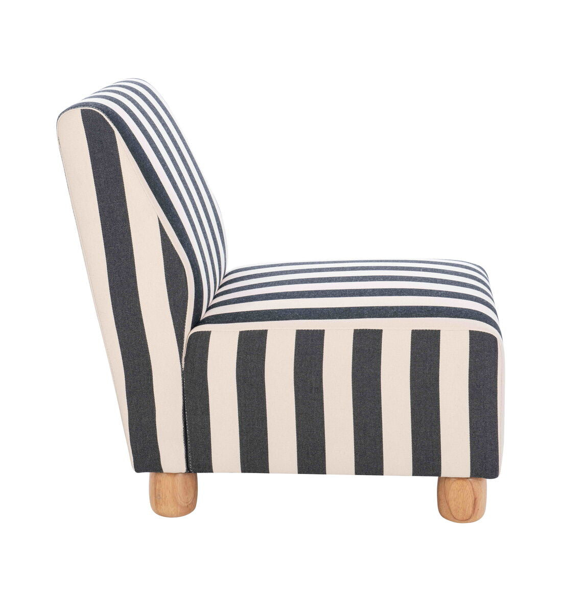Armless chair featuring a bold black and white striped fabric upholstery, complemented by light wooden feet.