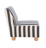 Armless chair featuring a bold black and white striped fabric upholstery, complemented by light wooden feet.