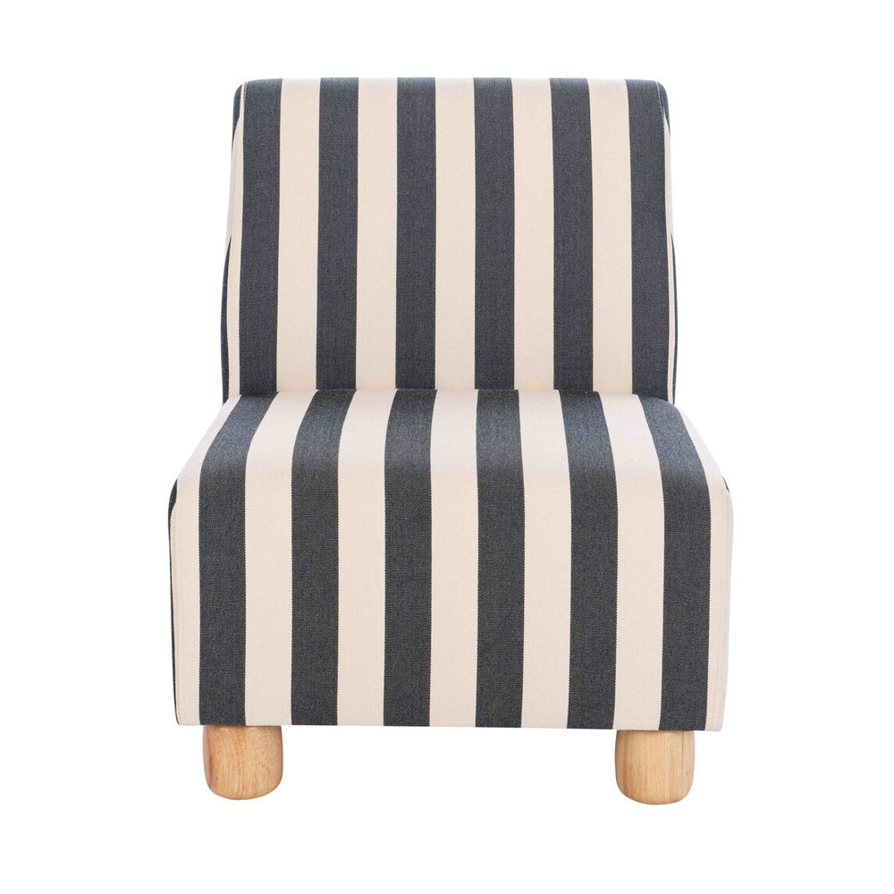 Armless chair featuring a bold black and white striped upholstery with a sleek, minimalist design.