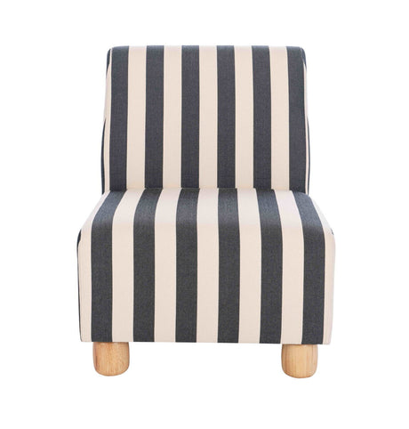 Armless chair featuring a bold black and white striped upholstery with a sleek, minimalist design.