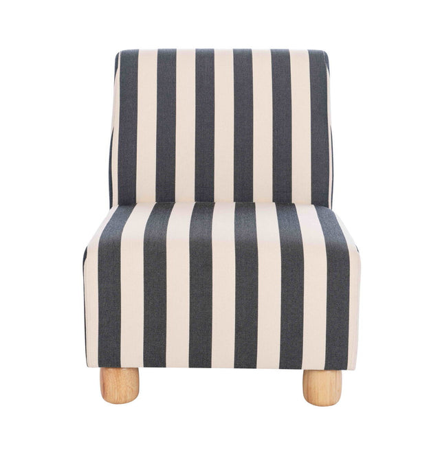 Armless chair featuring a bold black and white striped upholstery with a sleek, minimalist design.