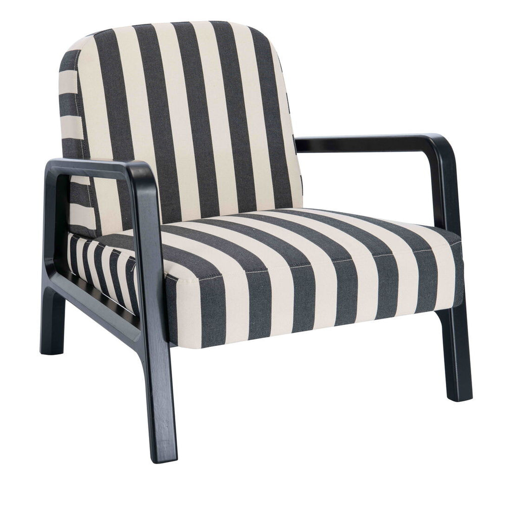 Black and white striped armchair featuring a sturdy wooden frame with a sleek design.