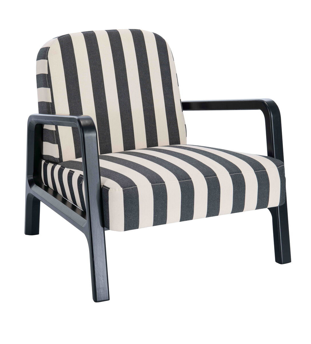 Black and white striped armchair featuring a sturdy wooden frame with a sleek design.