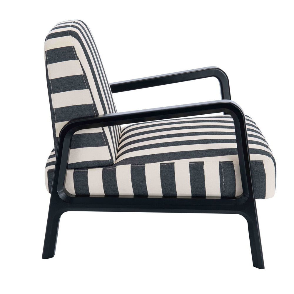 Black and white striped armchair featuring a sleek wooden frame, with a comfortable seat and backrest.