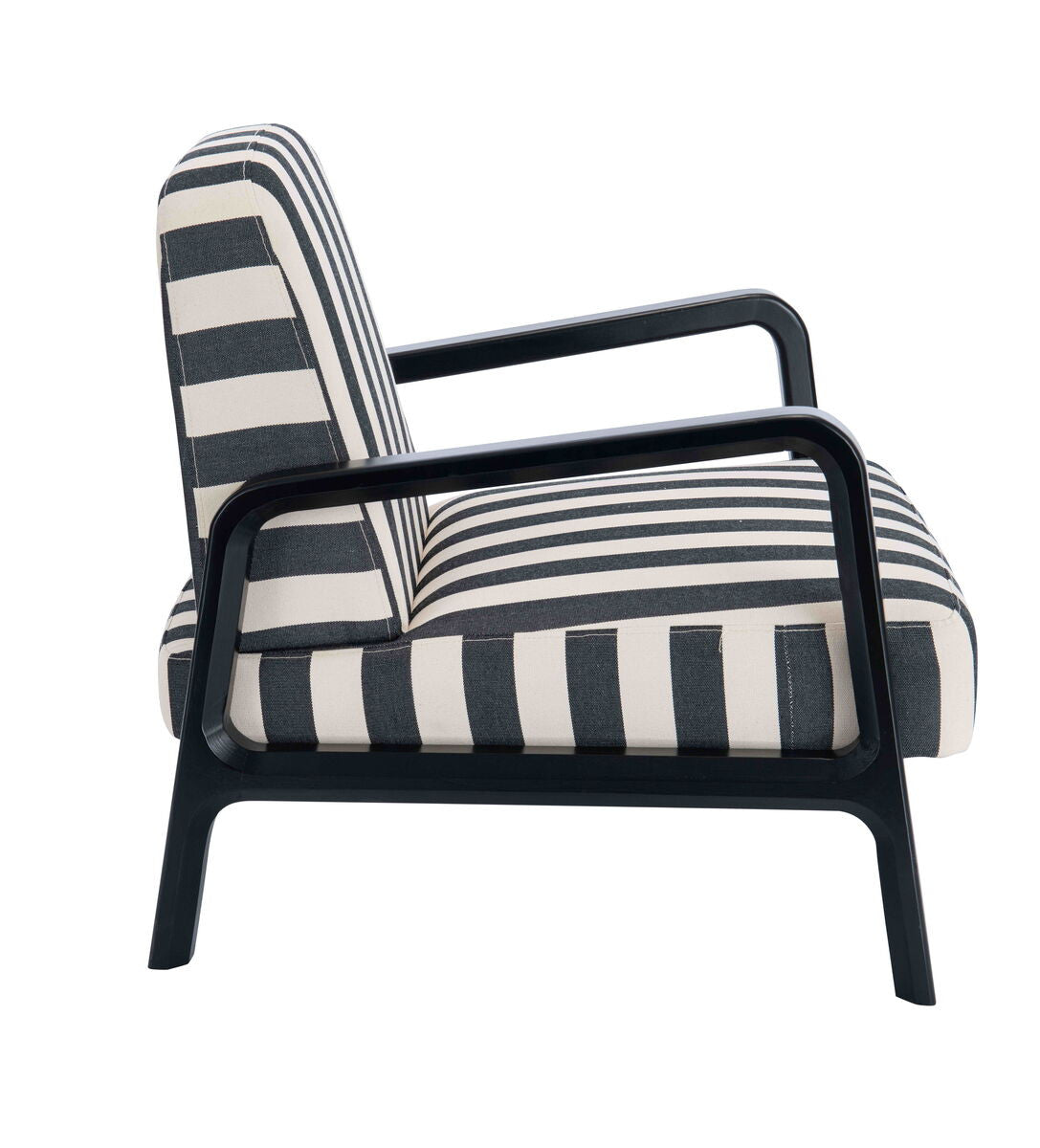 Black and white striped armchair featuring a sleek wooden frame, with a comfortable seat and backrest.