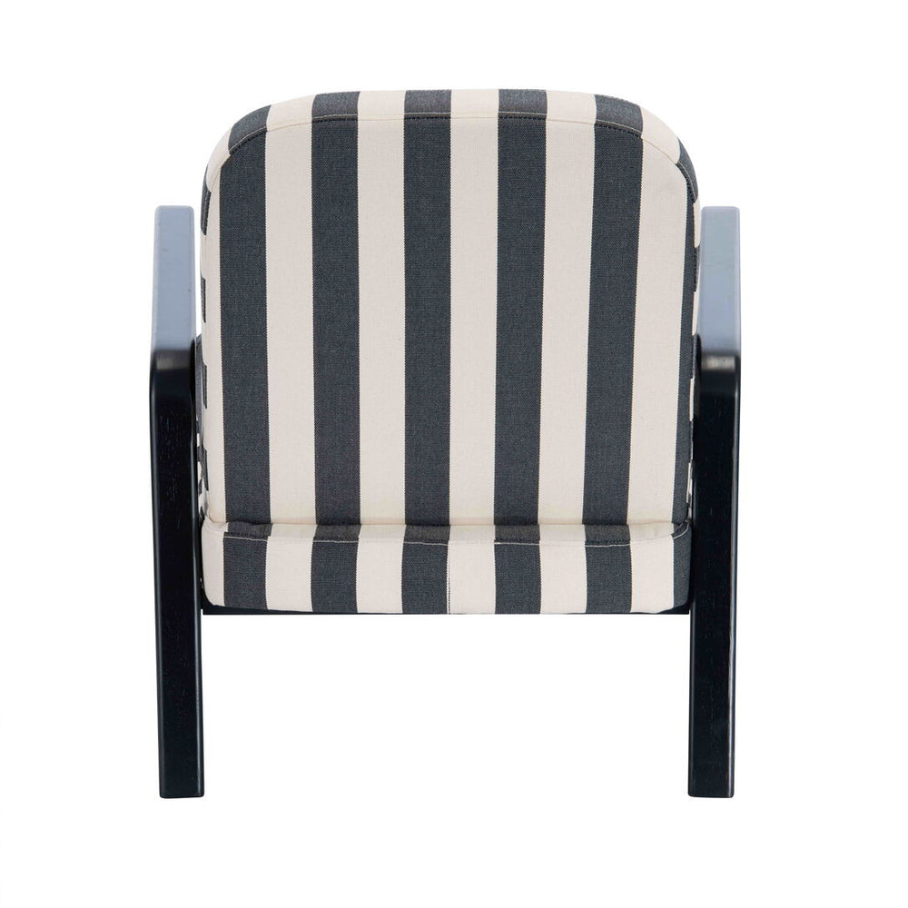 Black and white striped armchair featuring a sturdy wooden frame, with a comfortable padded seat and backrest.