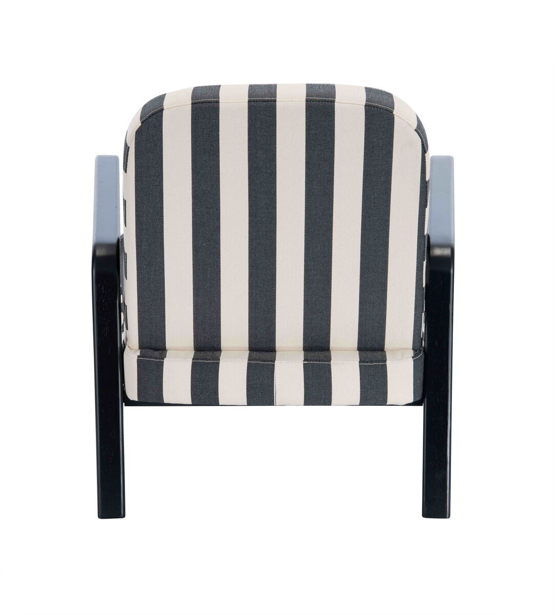 Black and white striped armchair featuring a sturdy wooden frame, with a comfortable padded seat and backrest.