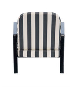 Black and white striped armchair featuring a sturdy wooden frame, with a comfortable padded seat and backrest.