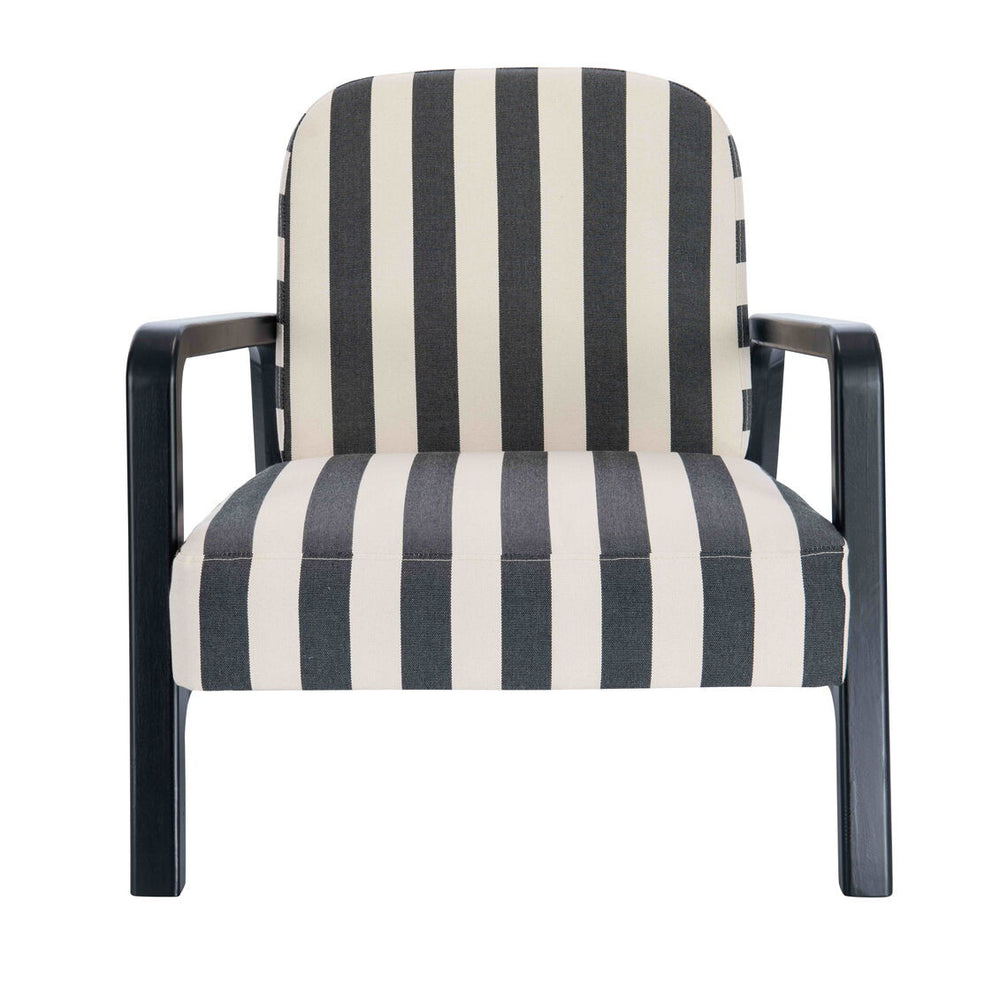 Black and white striped armchair featuring a comfortable padded seat and backrest, supported by a sturdy wooden frame with sleek armrests.