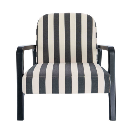 Black and white striped armchair featuring a comfortable padded seat and backrest, supported by a sturdy wooden frame with sleek armrests.