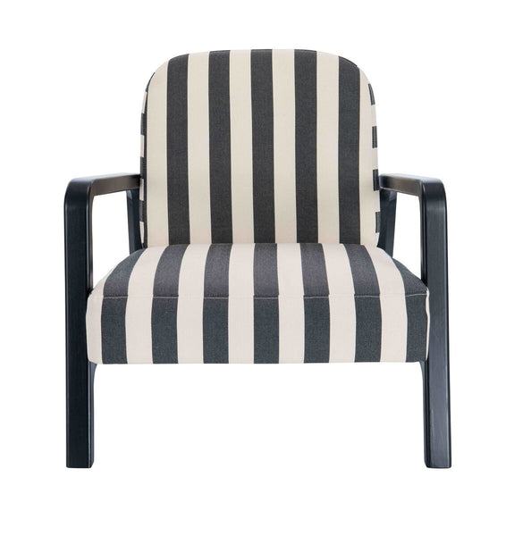 Black and white striped armchair featuring a comfortable padded seat and backrest, supported by a sturdy wooden frame with sleek armrests.