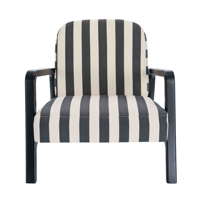 Black and white striped armchair featuring a comfortable padded seat and backrest, supported by a sturdy wooden frame with sleek armrests.
