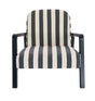 Black and white striped armchair featuring a comfortable padded seat and backrest, supported by a sturdy wooden frame with sleek armrests.