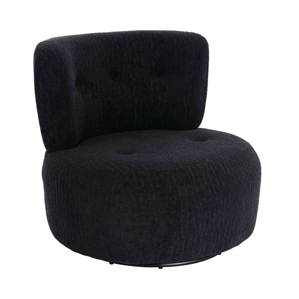 Curved swivel lounge chair upholstered in textured black fabric, featuring a plush, rounded seat and a high backrest with two button accents.