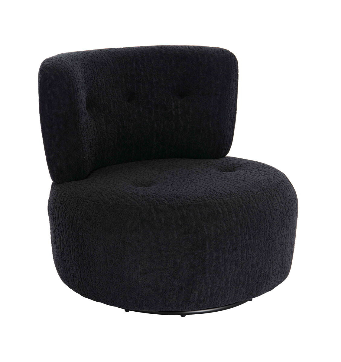 Curved swivel lounge chair upholstered in textured black fabric, featuring a plush, rounded seat and a high backrest with two button accents.