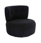 Curved swivel lounge chair upholstered in textured black fabric, featuring a plush, rounded seat and a high backrest with two button accents.