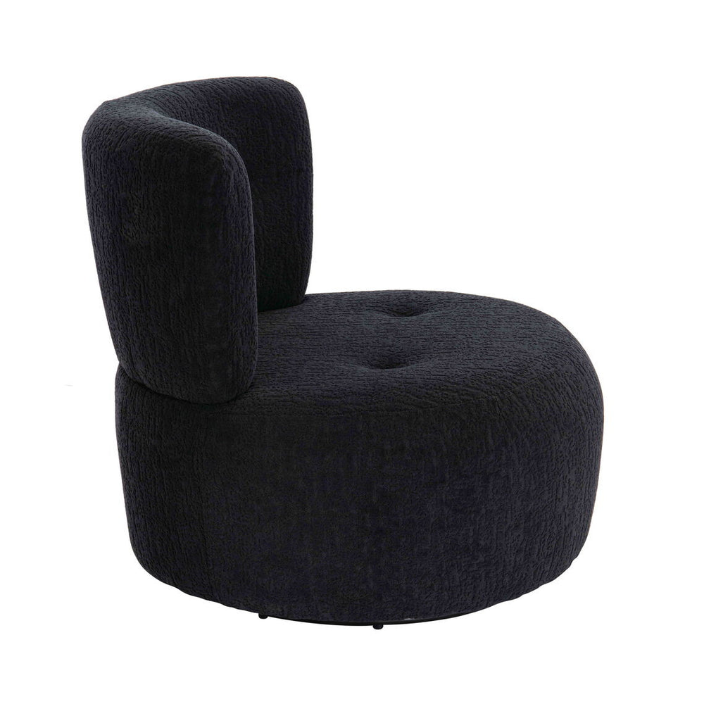 Curved swivel lounge chair in a textured black fabric, featuring a rounded seat and high, padded backrest for comfort.