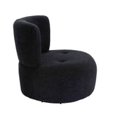 Curved swivel lounge chair in a textured black fabric, featuring a rounded seat and high, padded backrest for comfort.