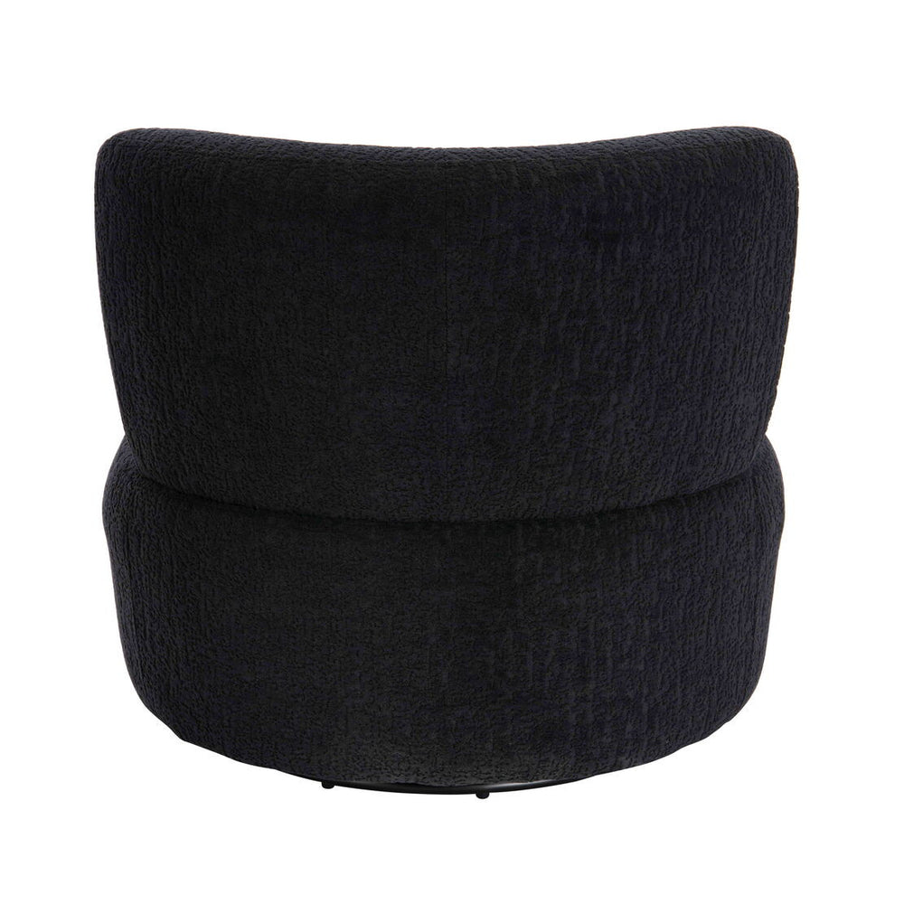 Curved black lounge chair featuring a textured fabric finish, designed for comfort with a plush backrest and a swivel base.