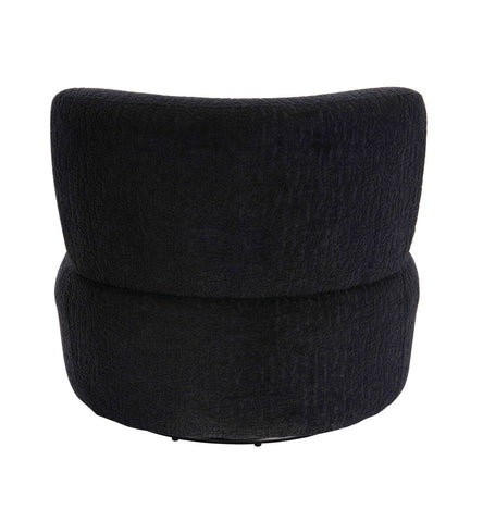 Curved black lounge chair featuring a textured fabric finish, designed for comfort with a plush backrest and a swivel base.