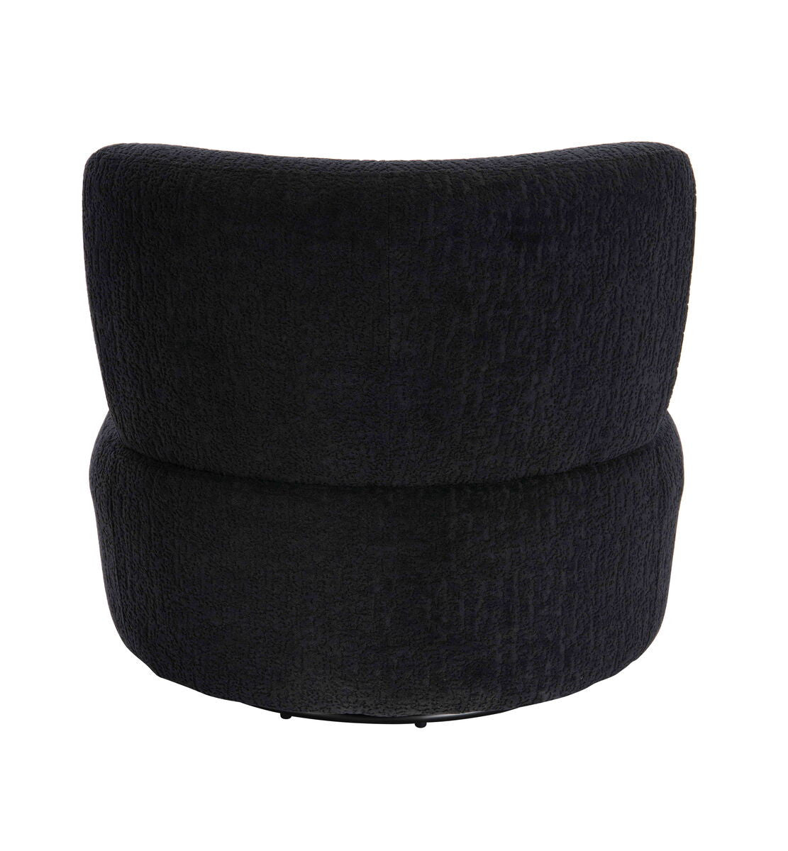 Curved black lounge chair featuring a textured fabric finish, designed for comfort with a plush backrest and a swivel base.