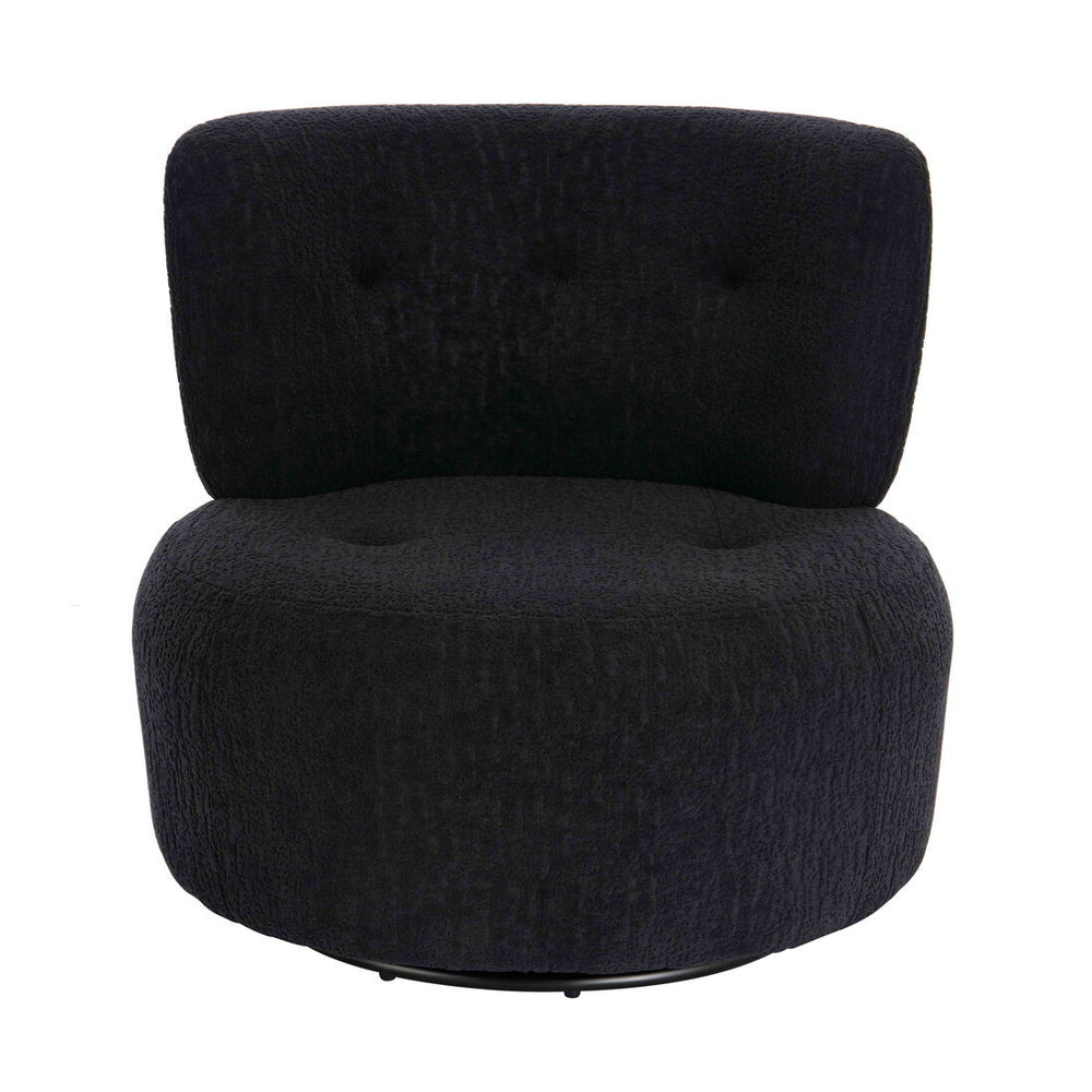 Curved black lounge chair with a textured fabric finish, featuring a low backrest and two button-tufted accents.