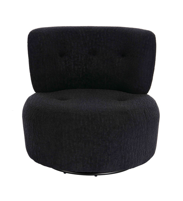 Curved black lounge chair with a textured fabric finish, featuring a low backrest and two button-tufted accents.