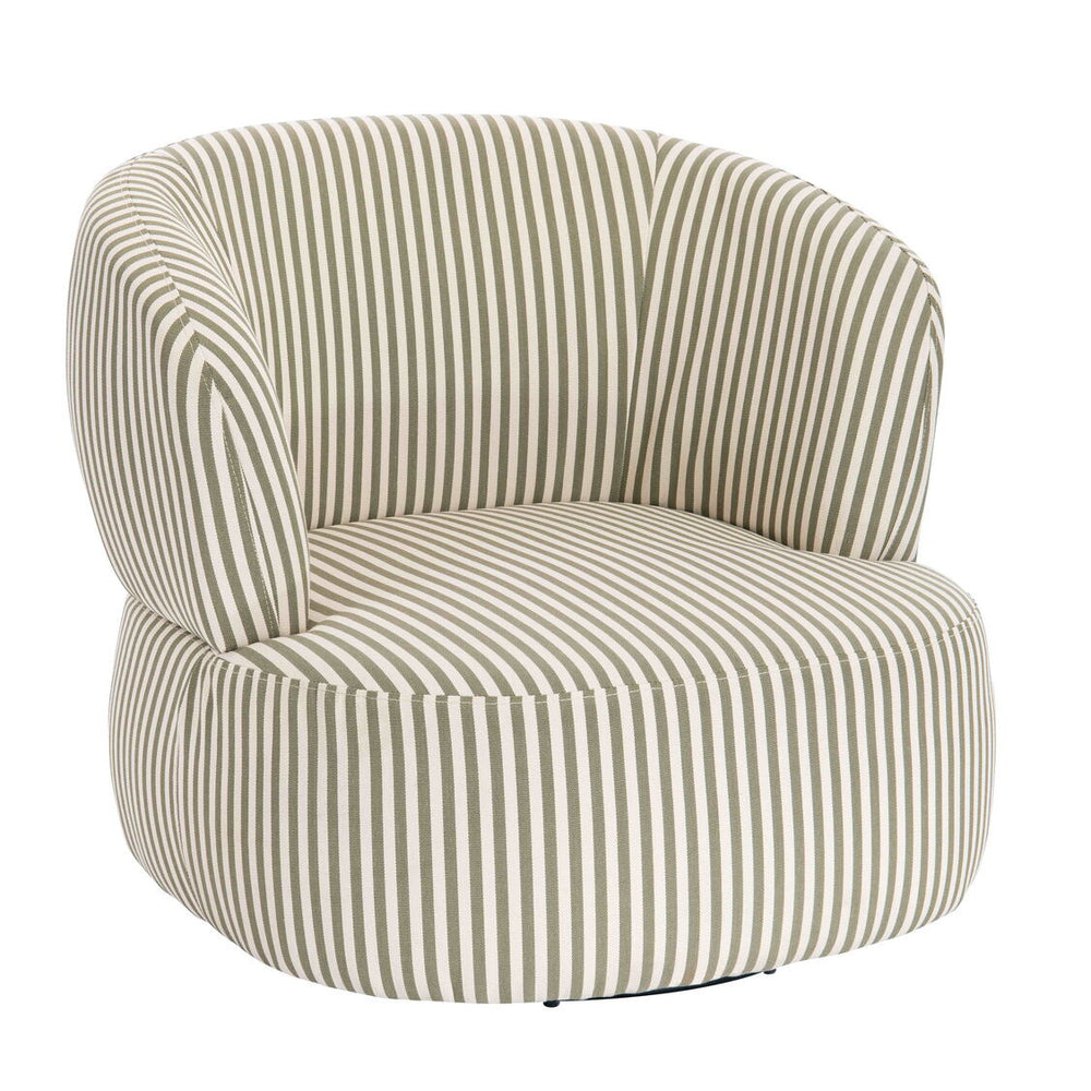 Olive green and white striped swivel lounge chair featuring a rounded backrest and plush seat cushion, designed for comfort and style.