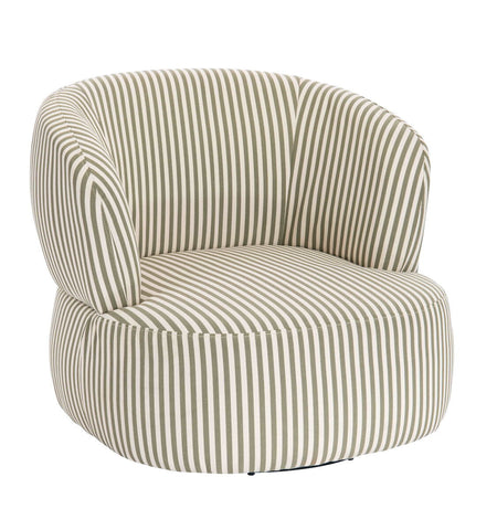 Olive green and white striped swivel lounge chair featuring a rounded backrest and plush seat cushion, designed for comfort and style.