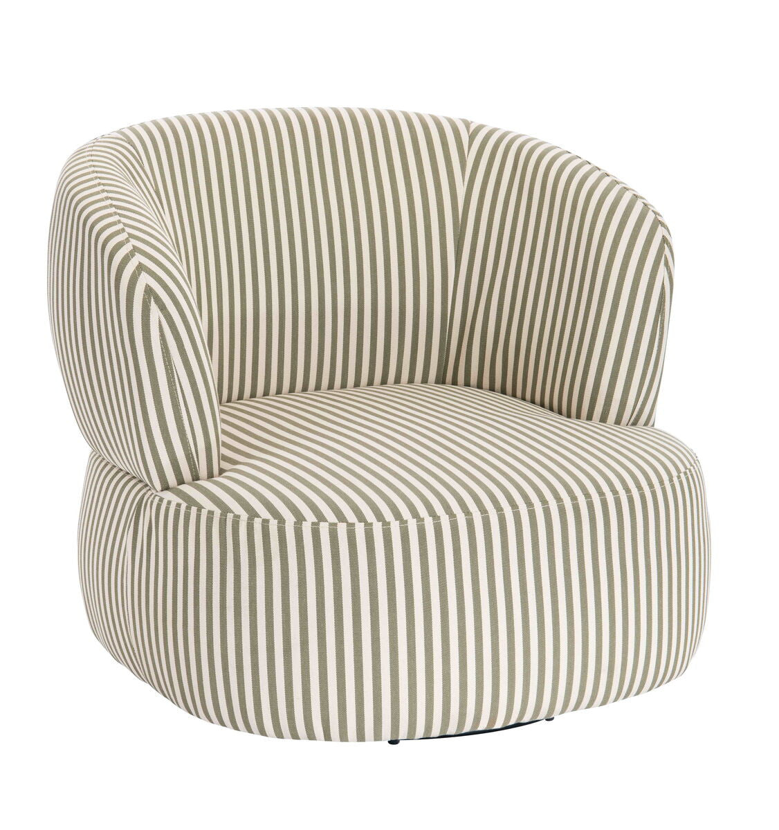 Olive green and white striped swivel lounge chair featuring a rounded backrest and plush seat cushion, designed for comfort and style.