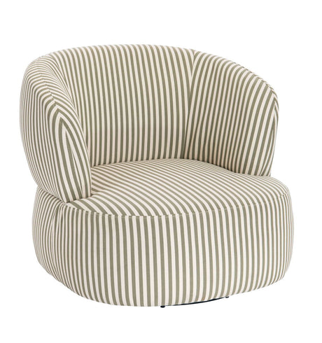 Olive green and white striped swivel lounge chair featuring a rounded backrest and plush seat cushion, designed for comfort and style.