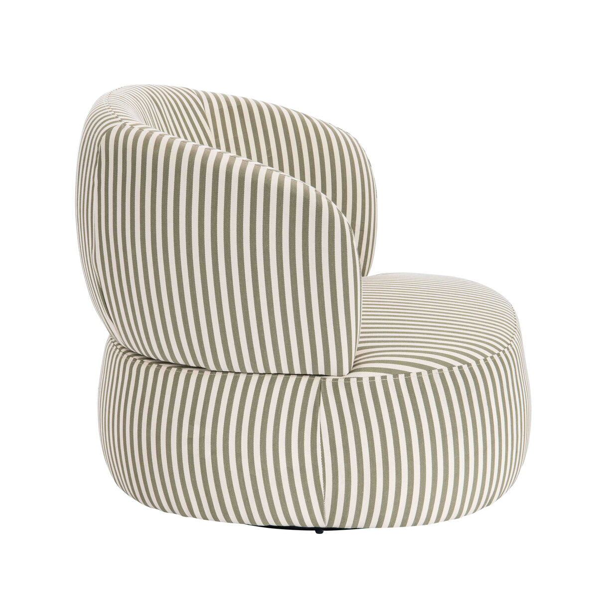 Olive green and white striped swivel lounge chair featuring a rounded backrest and plush seat cushion, designed for comfort and style.