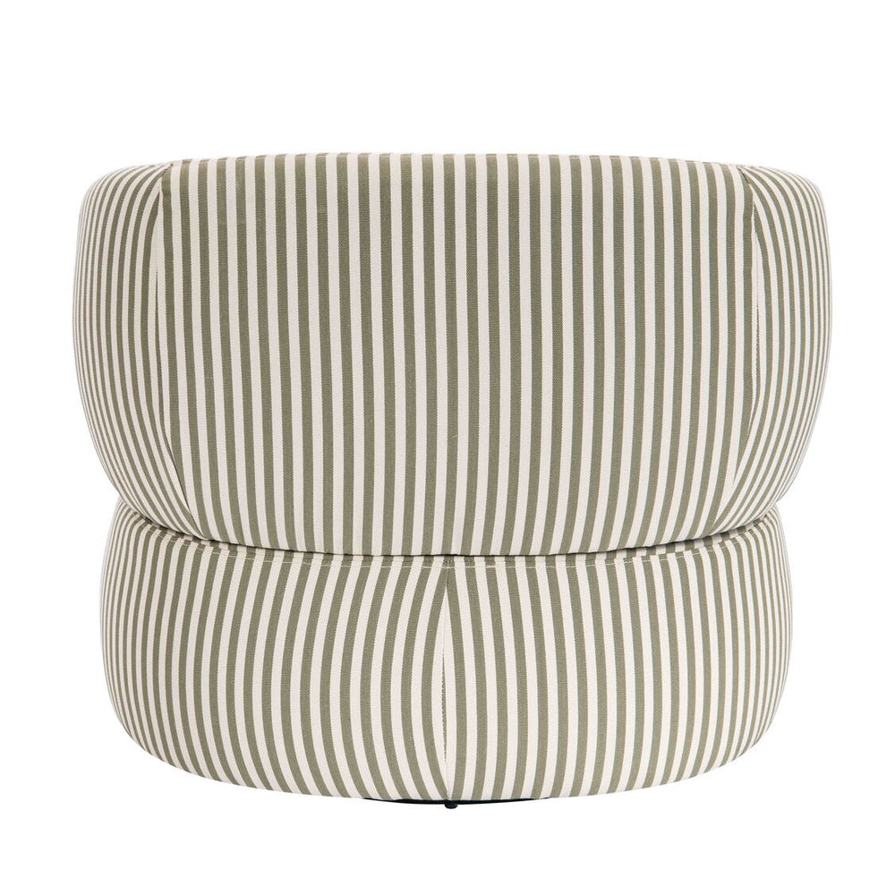 Olive green and white striped swivel lounge chair featuring a rounded back and plush cushioning, designed for comfort and style.
