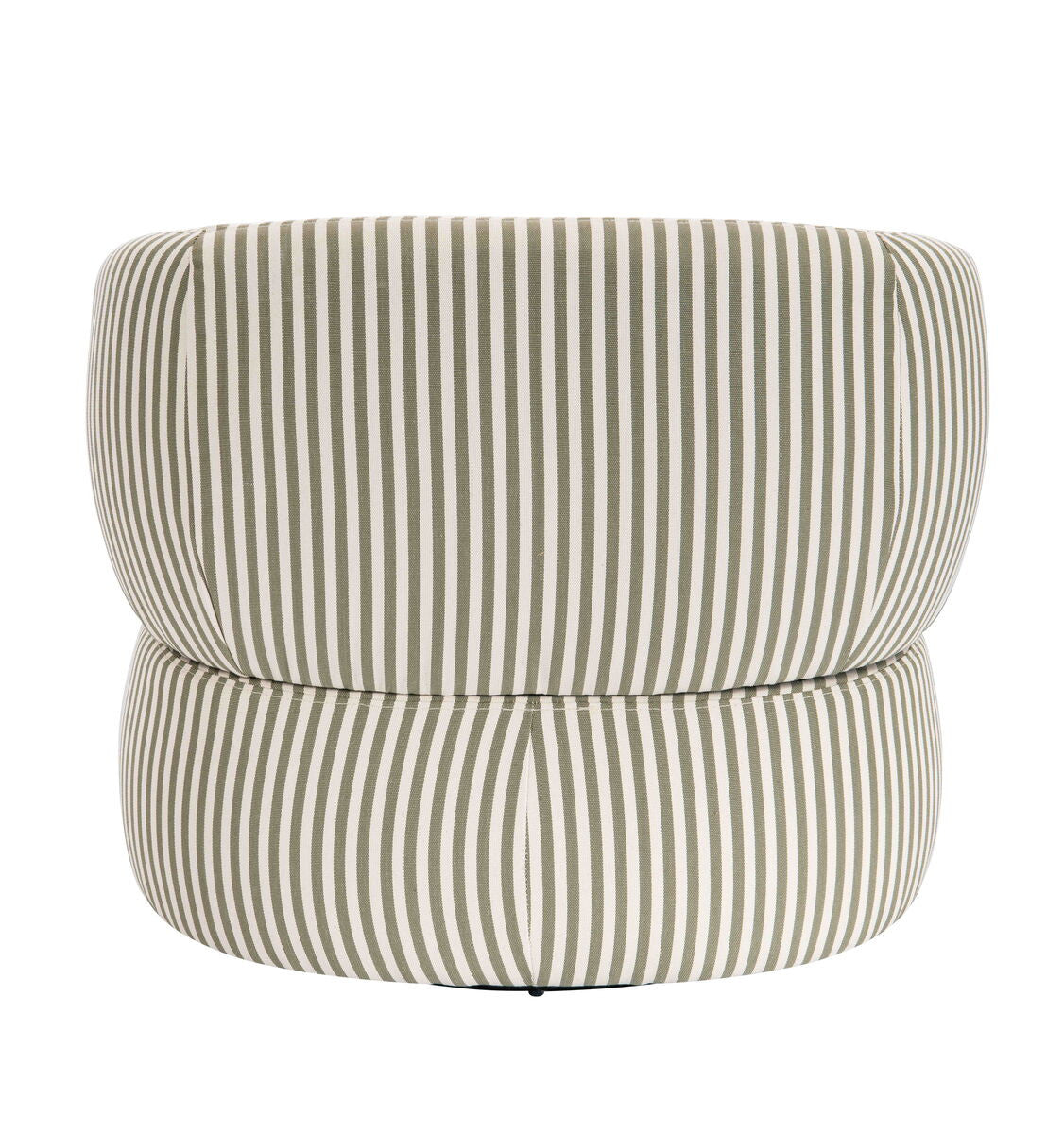 Olive green and white striped swivel lounge chair featuring a rounded back and plush cushioning, designed for comfort and style.