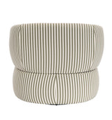 Olive green and white striped swivel lounge chair featuring a rounded back and plush cushioning, designed for comfort and style.
