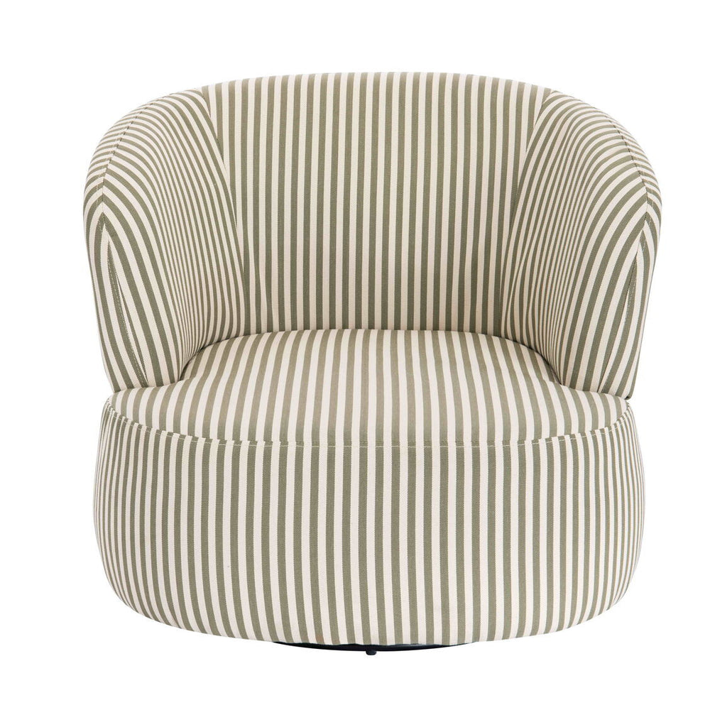 Olive green and white striped swivel lounge chair featuring a rounded back and plush seat, designed for comfort and style.