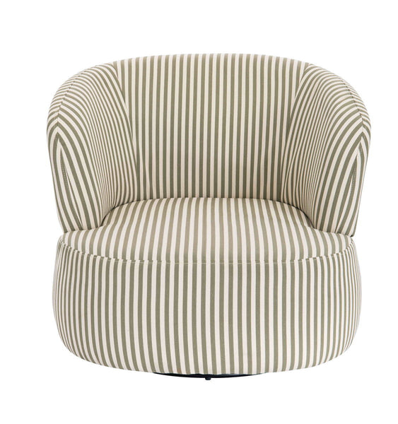 Olive green and white striped swivel lounge chair featuring a rounded back and plush seat, designed for comfort and style.